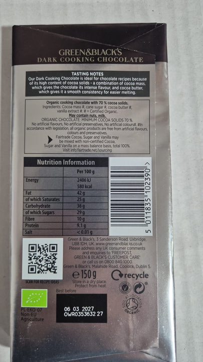 Green and black organic 70% שוקולד מריר אורגני לאפייה