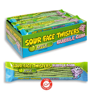 Face Twisters Sour Apple Bubble Gum מסטיק חמוץ מאוד בטעם תפוח